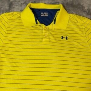 Under Armour Mens HeatGear Loose Striped Polo Shirt Yellow Navy Blue 2XL 4775